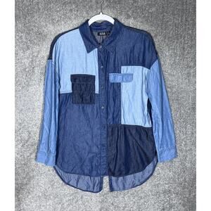 ana A New Approach Chambray Patchwork Button Up Top Womens Size Small‎ Blue